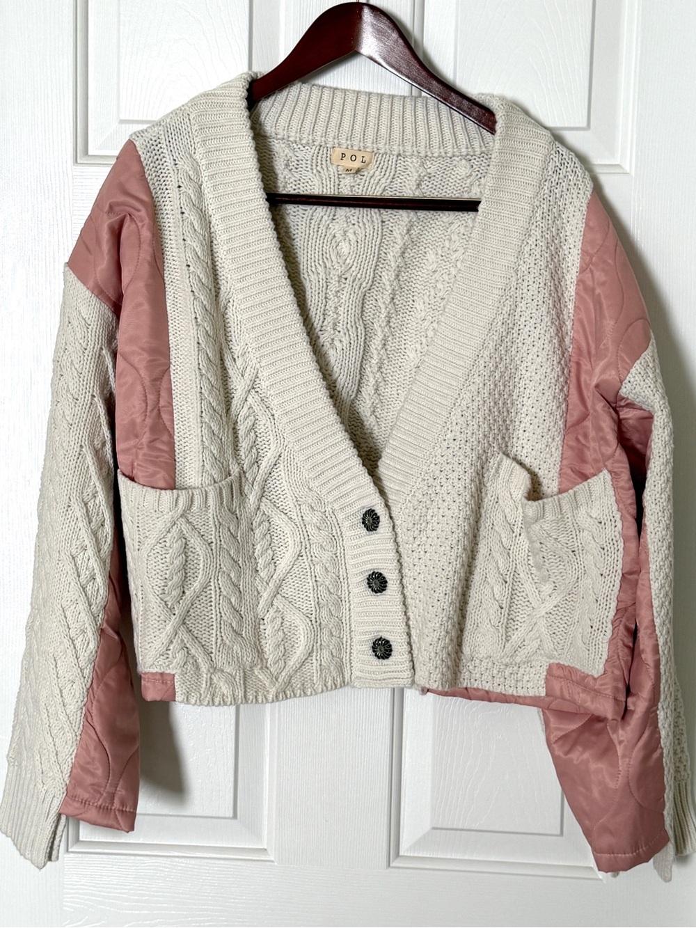 POL Cream Cable Knit Cardigan Quilted Pink Satin Patchwork Button Front Size M - Picture 3 of 15